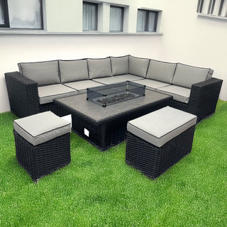 9-Seater L-Shaped Luxury Black Rattan Patio Set with Fire Pit Table CDB06