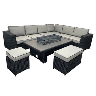 9-Seater L-Shaped Luxury Black Rattan Patio Set with Fire Pit Table CDB06