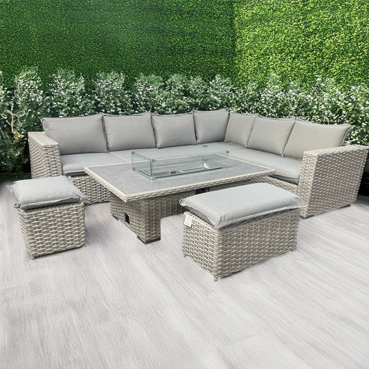 Barcelona 9-Seater Grey / Cream L-Shaped Luxury Rattan Patio Set with Fire Pit Table CDB07