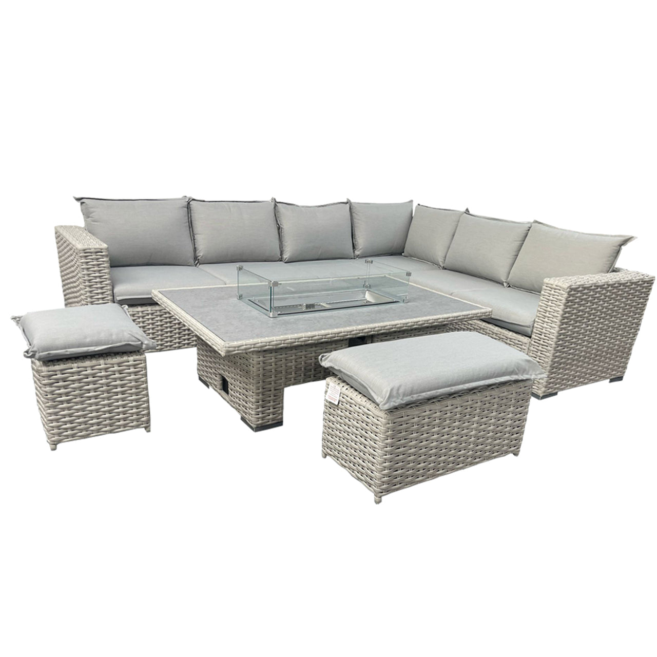 Barcelona 9-Seater Grey / Cream L-Shaped Luxury Rattan Patio Set with Fire Pit Table CDB07