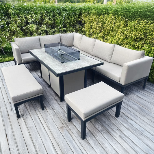 Malaga 9-Seater L-Shaped Metal Patio Set with Rectangular Fire Pit Table