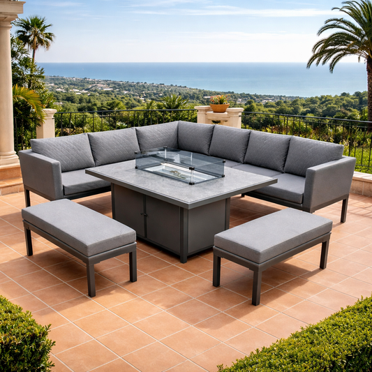 Malaga GREY 9-Seater L-Shaped Metal Patio Set with Rectangular Fire Pit Table