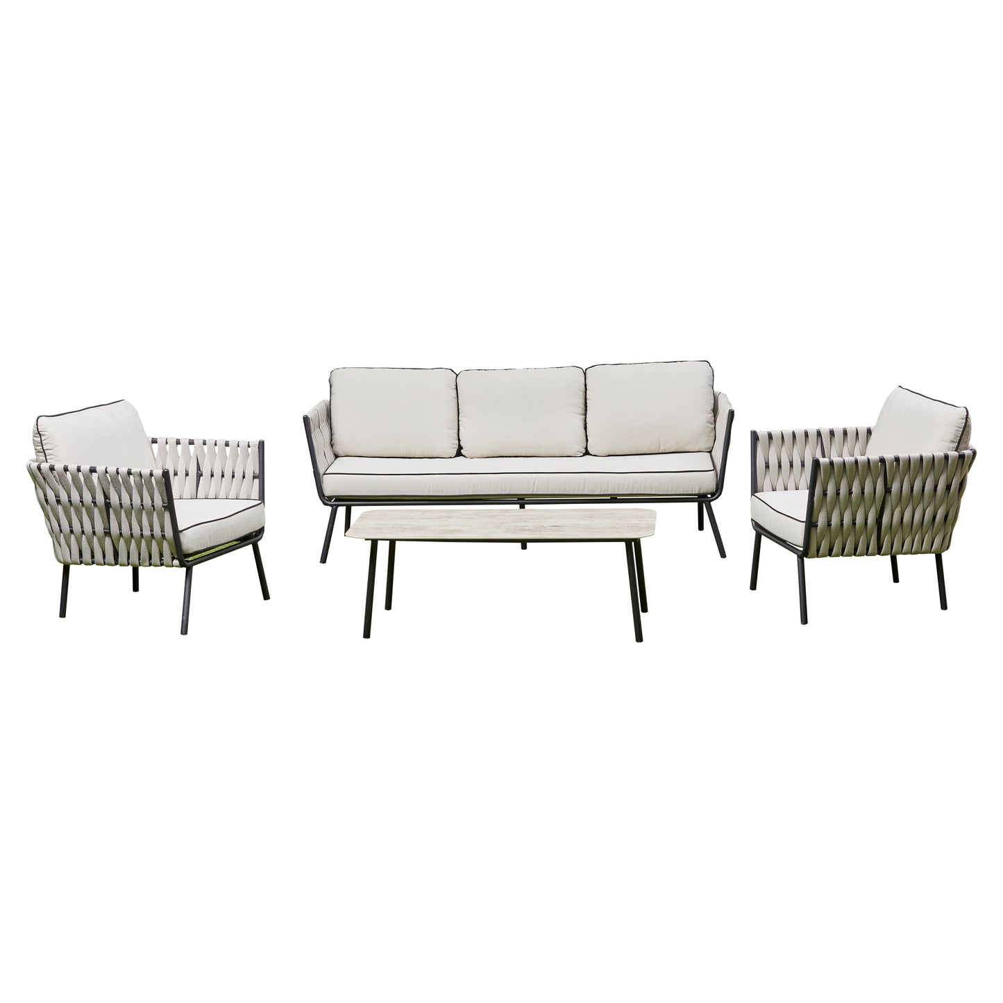 2026 Pinoso Aluminium & Rope Lounge Outdoor Garden Set Cream Beige with table