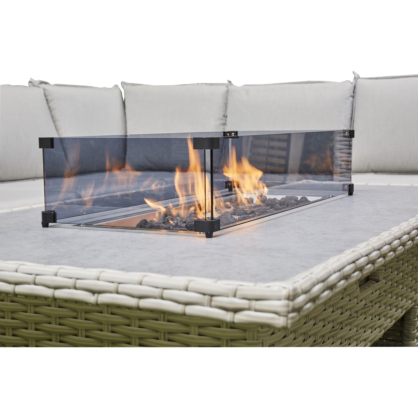 Barcelona 9-Seater Grey / Cream L-Shaped Luxury Rattan Patio Set with Fire Pit Table