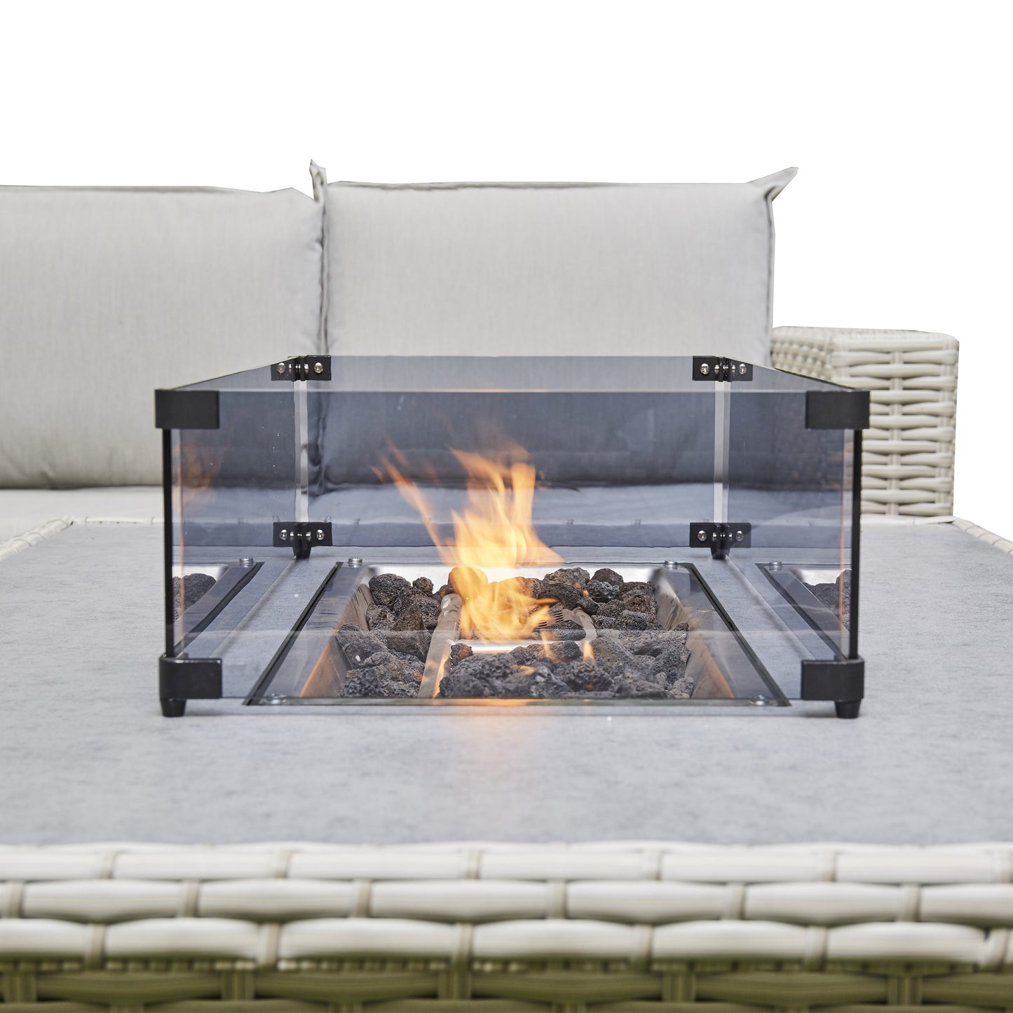 Barcelona 9-Seater Grey / Cream L-Shaped Luxury Rattan Patio Set with Fire Pit Table