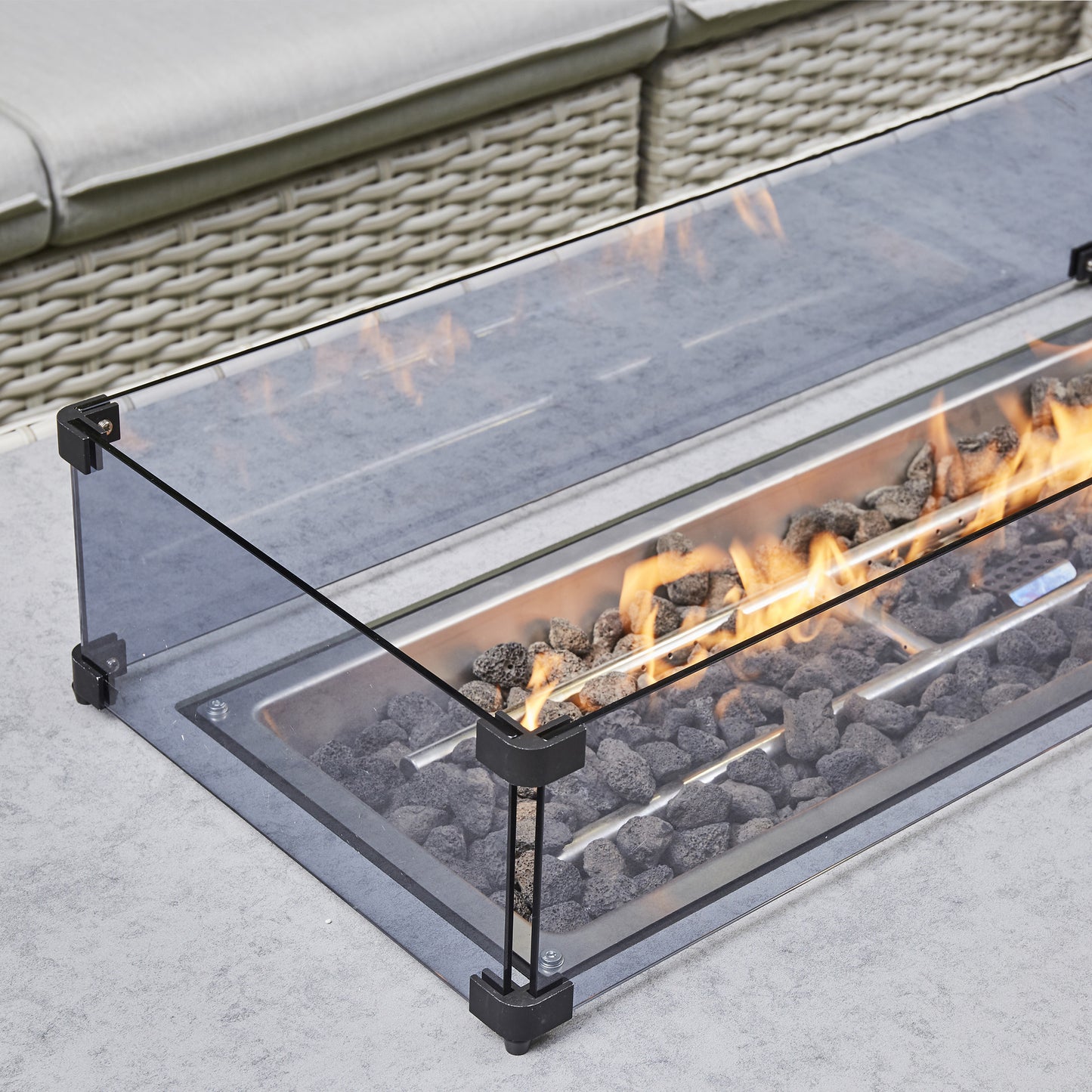 Barcelona 9-Seater Grey / Cream L-Shaped Luxury Rattan Patio Set with Fire Pit Table