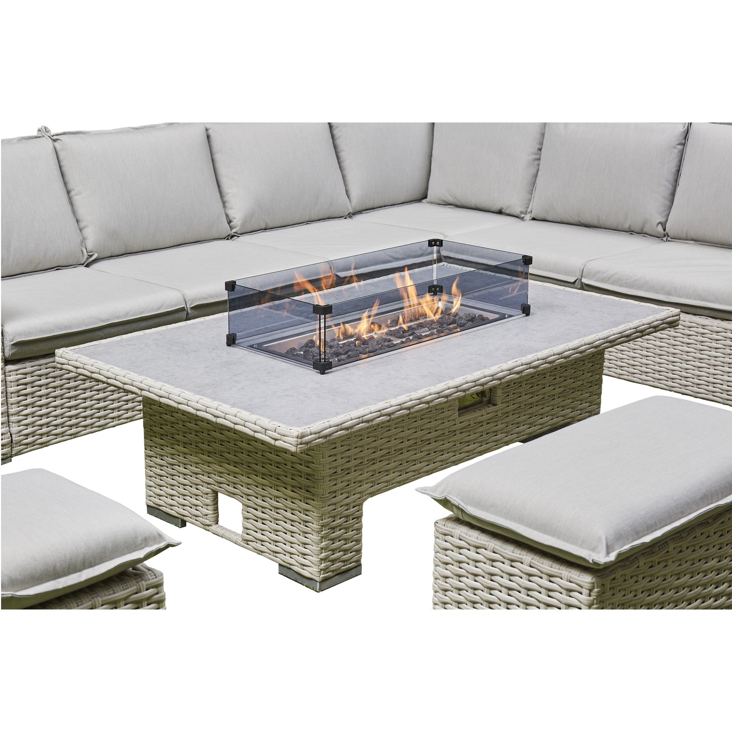 Barcelona 9-Seater Grey / Cream L-Shaped Luxury Rattan Patio Set with Fire Pit Table