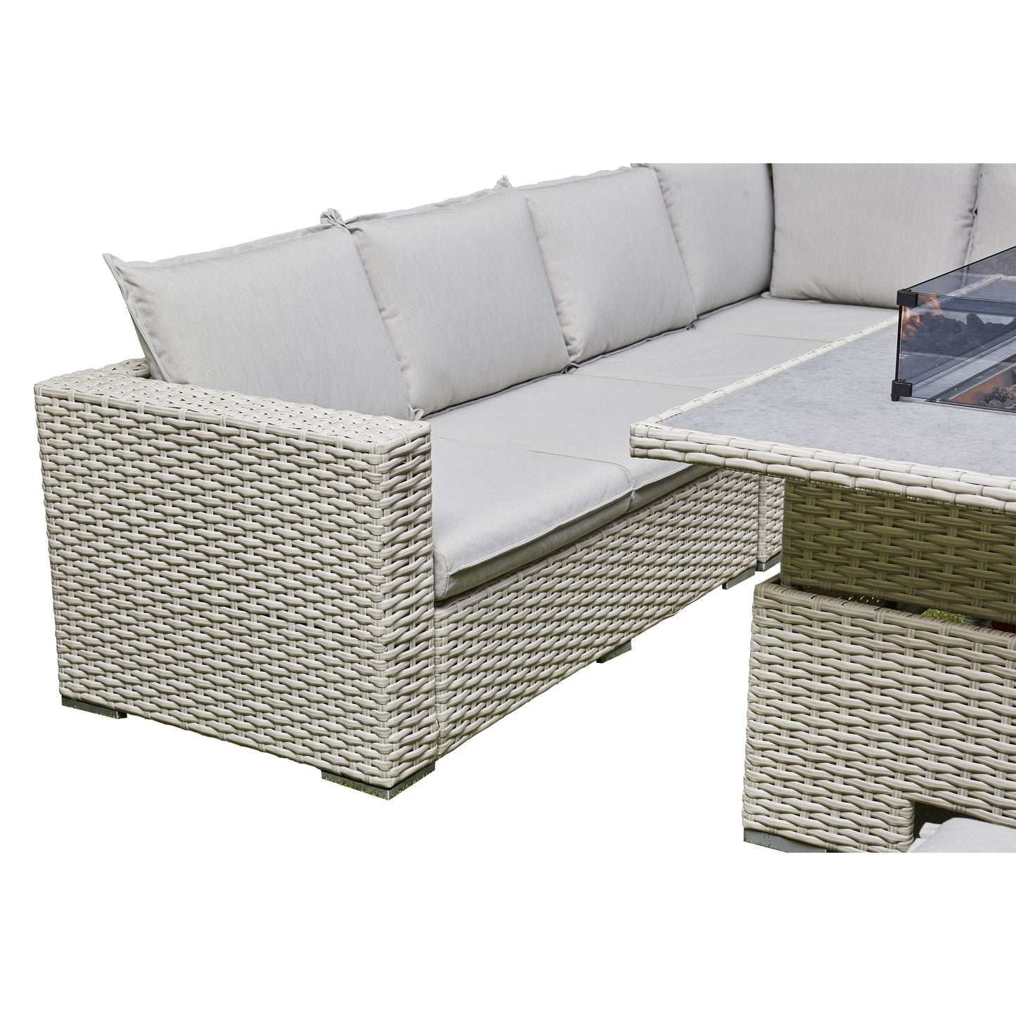 Barcelona 9-Seater Grey / Cream L-Shaped Luxury Rattan Patio Set with Fire Pit Table