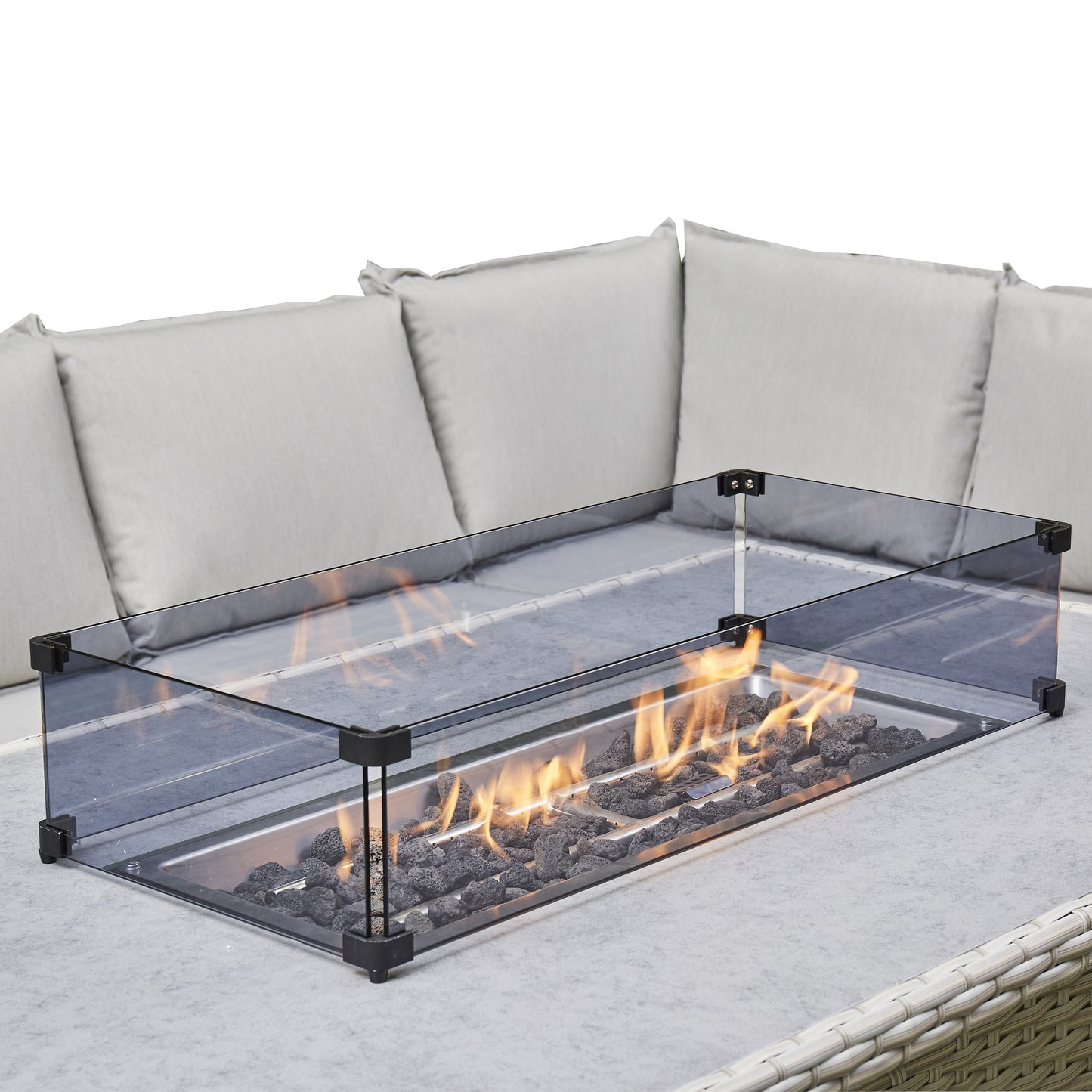 Barcelona 9-Seater Grey / Cream L-Shaped Luxury Rattan Patio Set with Fire Pit Table