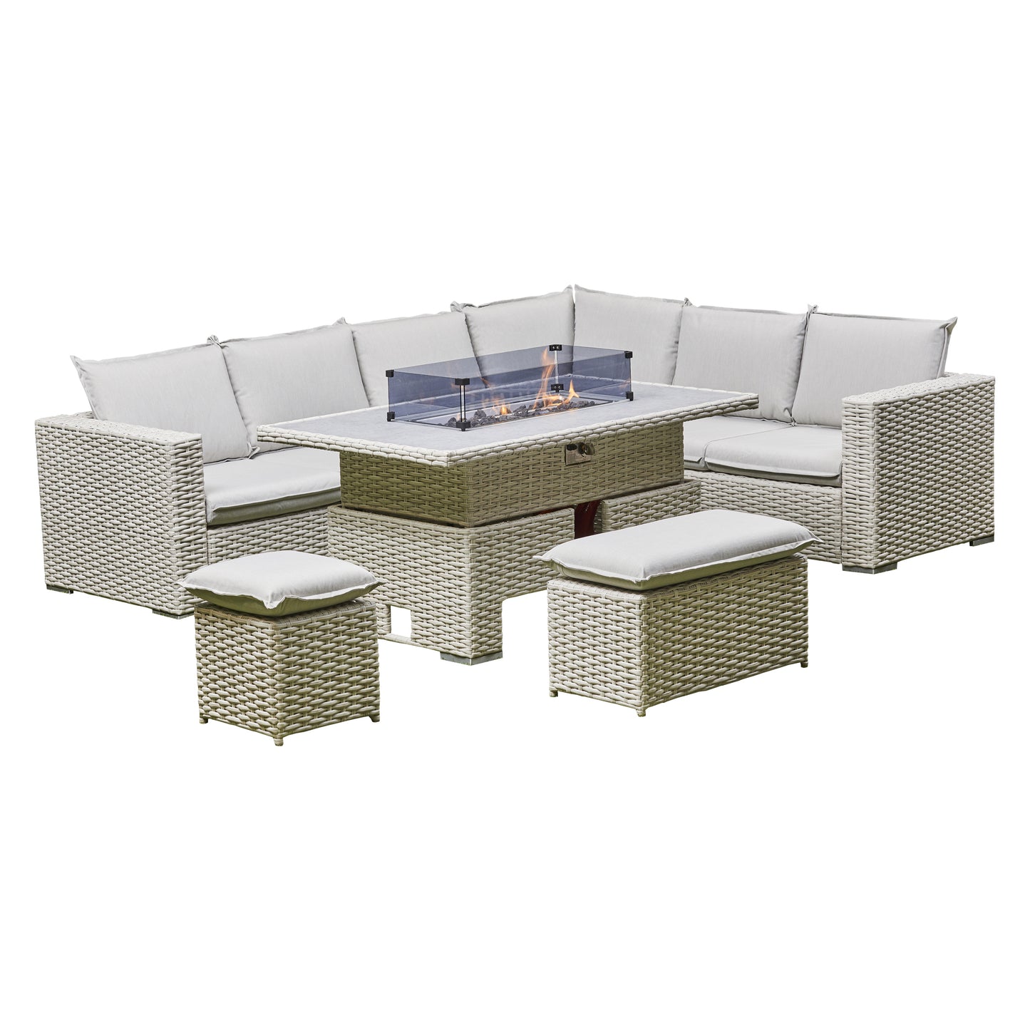 Barcelona 9-Seater Grey / Cream L-Shaped Luxury Rattan Patio Set with Fire Pit Table