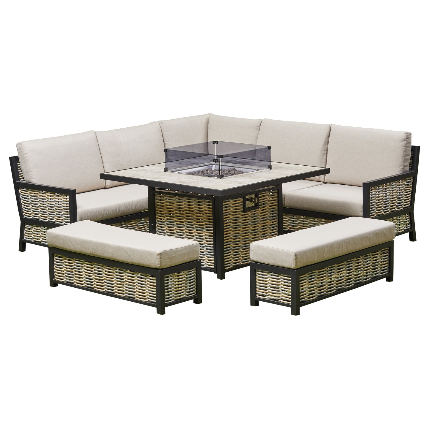 2026 Valencia Aluminium L Shape Garden Dining Set with Fire Pit