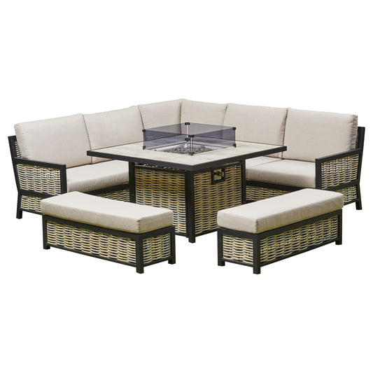 2026 Valencia Aluminium L Shape Garden Dining Set with Fire Pit
