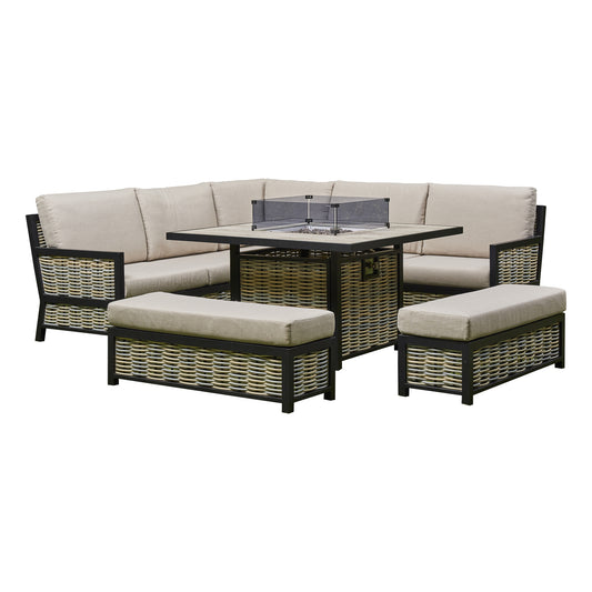 2026 Valencia Aluminium L Shape Garden Dining Set with Fire Pit