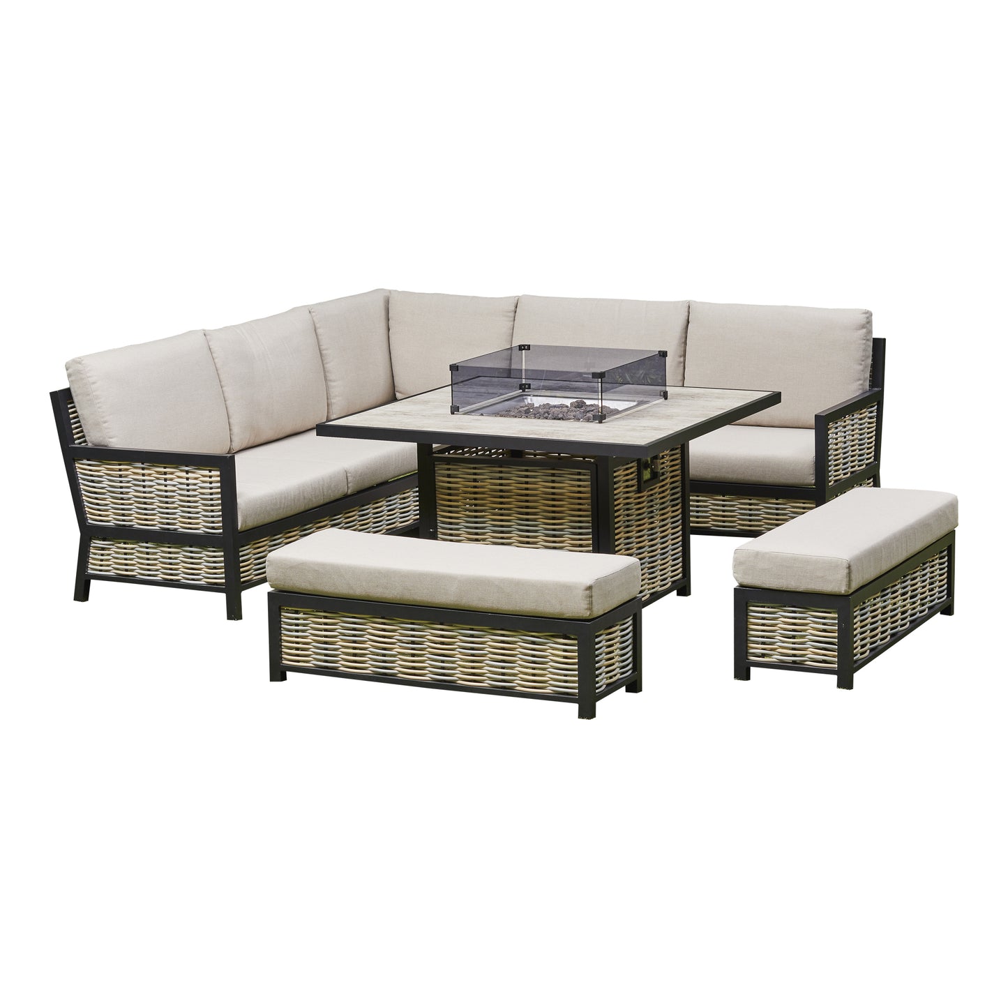 2026 Valencia Aluminium L Shape Garden Dining Set with Fire Pit