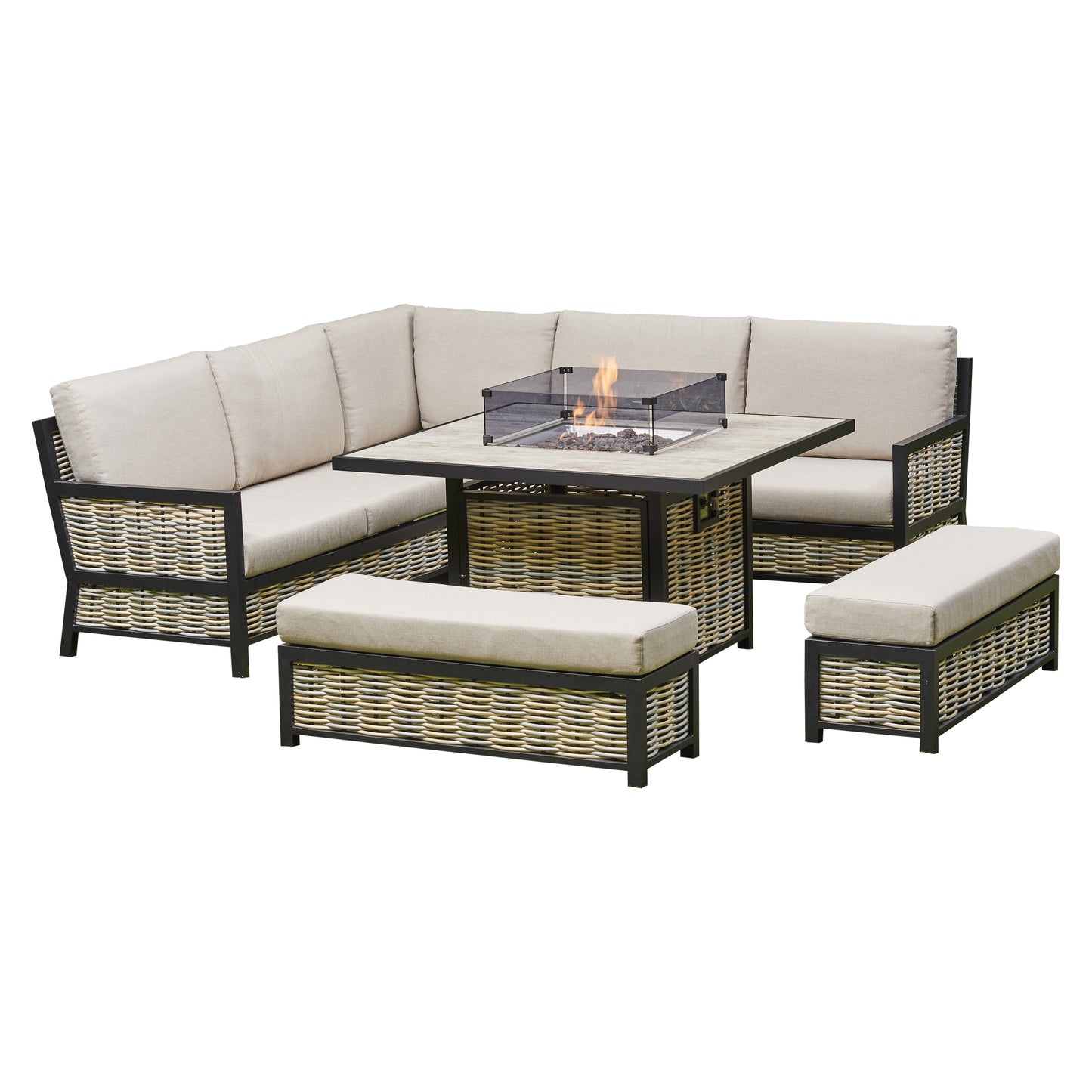 2026 Valencia Aluminium L Shape Garden Dining Set with Fire Pit