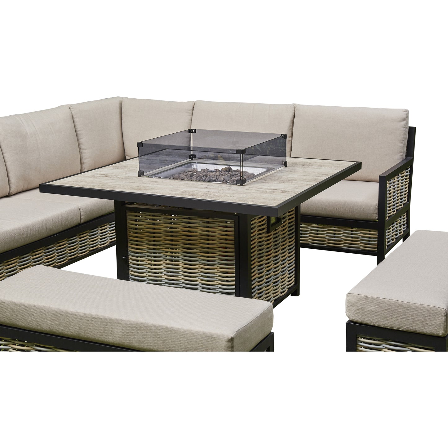 2026 Valencia Aluminium L Shape Garden Dining Set with Fire Pit