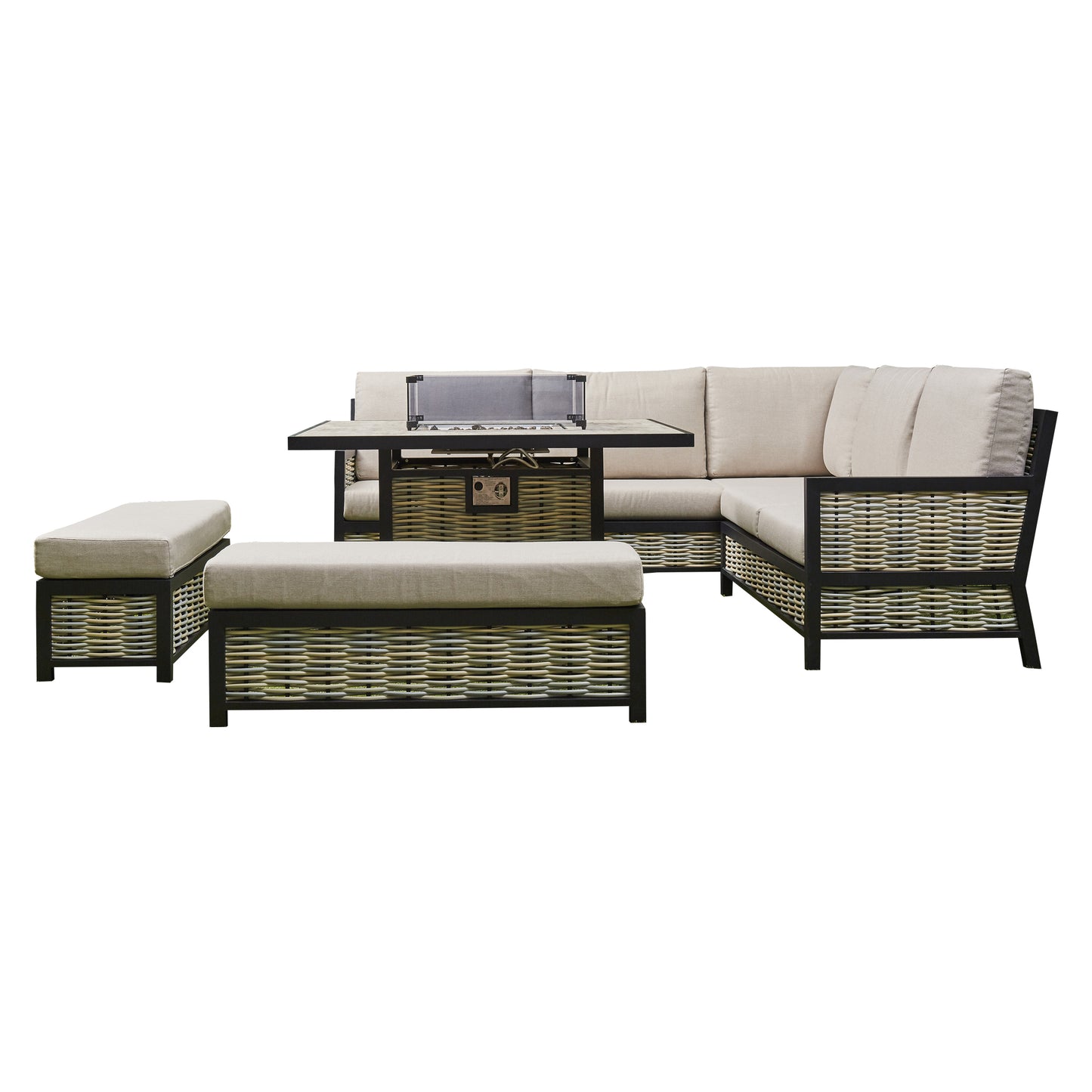 2026 Valencia Aluminium L Shape Garden Dining Set with Fire Pit