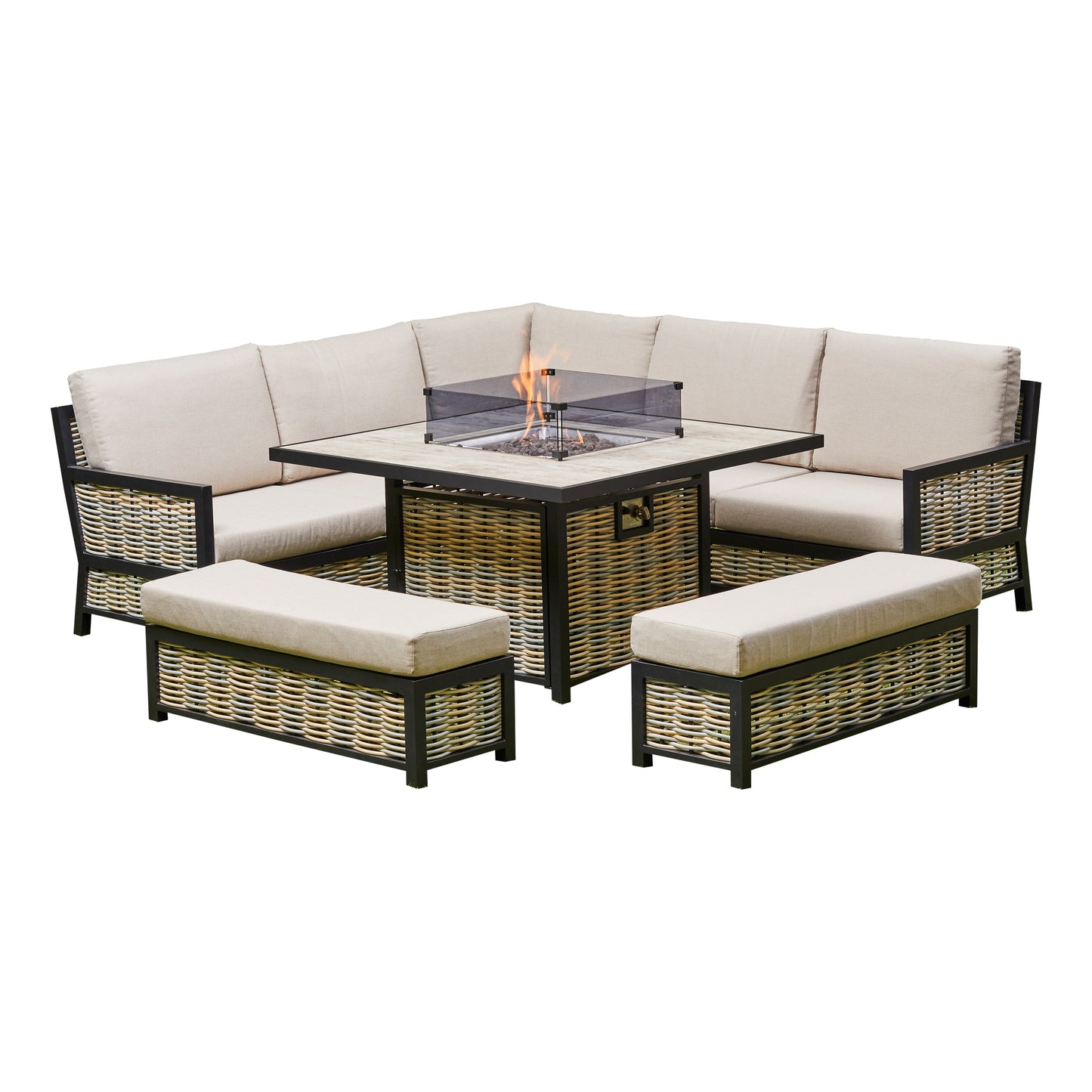 2026 Valencia Aluminium L Shape Garden Dining Set with Fire Pit