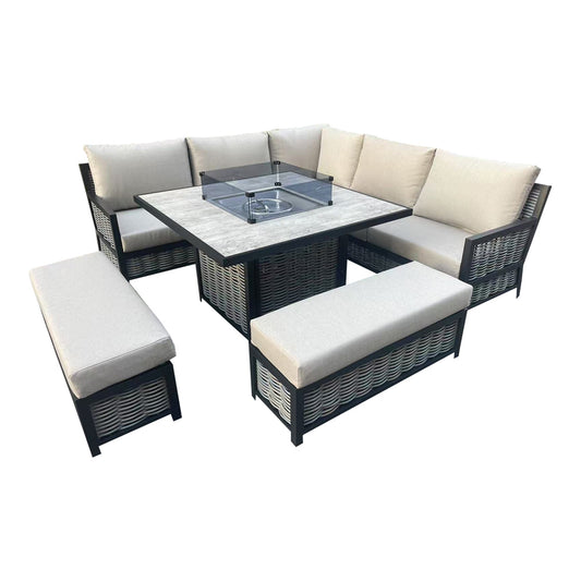 9-Seater L-Shaped Beige Rattan Patio Set with Square Fire Pit Table CDB08