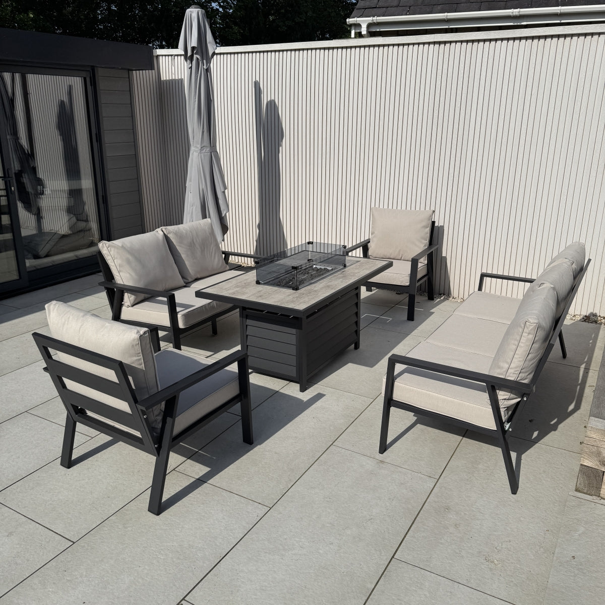 2026 Alicante Beige Aluminium Fire-Pit Sofa Dining Set