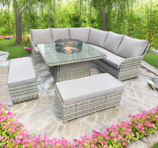 9-Seater L-Shaped Grey Rattan Patio Set with Square Fire Pit Table CDB12