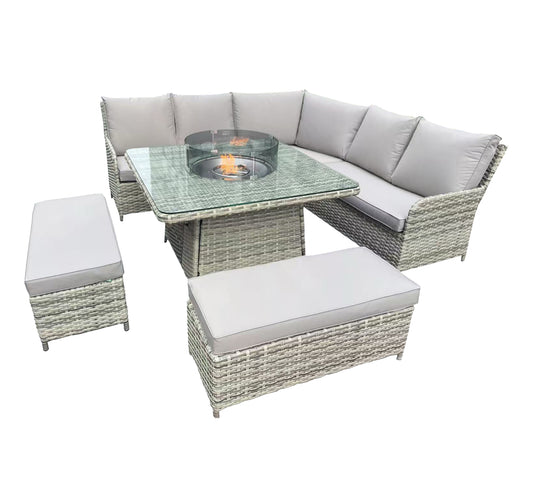 9-Seater L-Shaped Grey Rattan Patio Set with Square Fire Pit Table CDB12