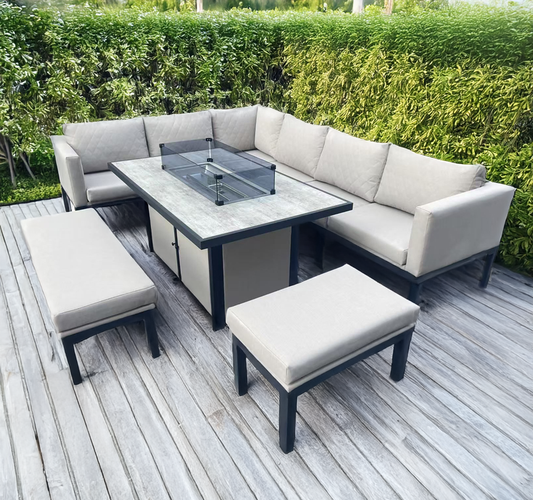 9-Seater L-Shaped Metal Patio Set with Rectangular Fire Pit Table CDB14BEI