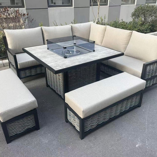 9-Seater L-Shaped Beige Rattan Patio Set with Square Fire Pit Table CDB08