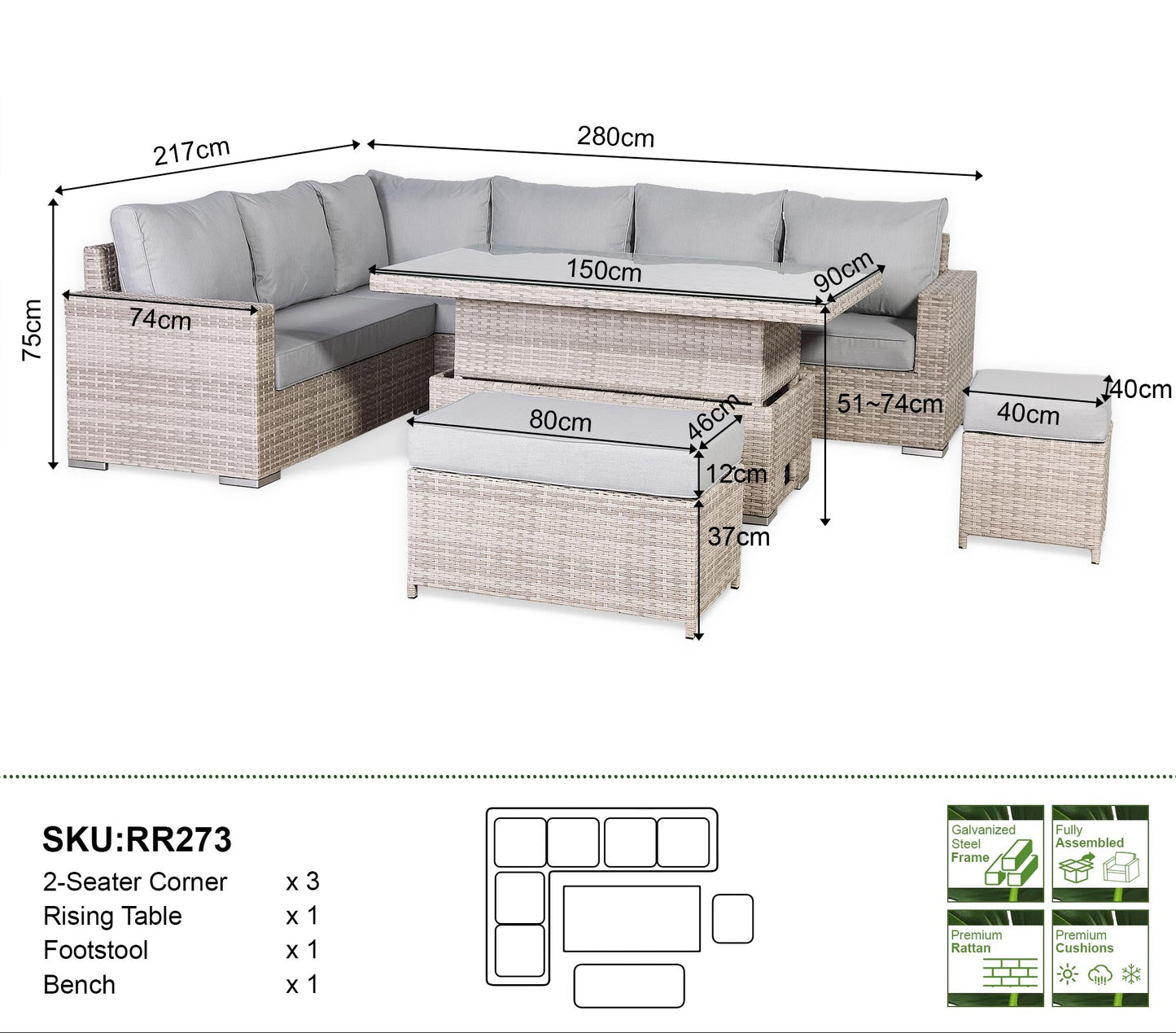 2026 Calpe Corner L Shape Rise & Fall Table Dining Set Grey