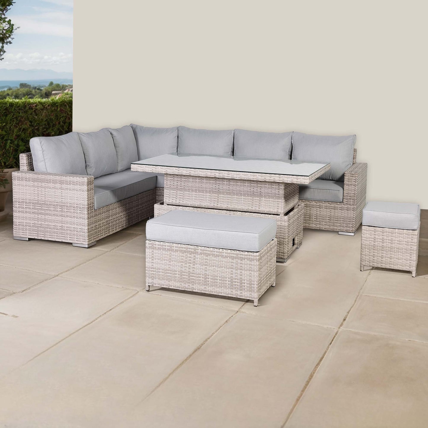 2026 Calpe Corner L Shape Rise & Fall Table Dining Set Grey