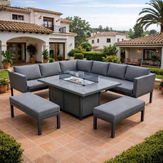 Malaga GREY 9-Seater L-Shaped Metal Patio Set with Rectangular Fire Pit Table