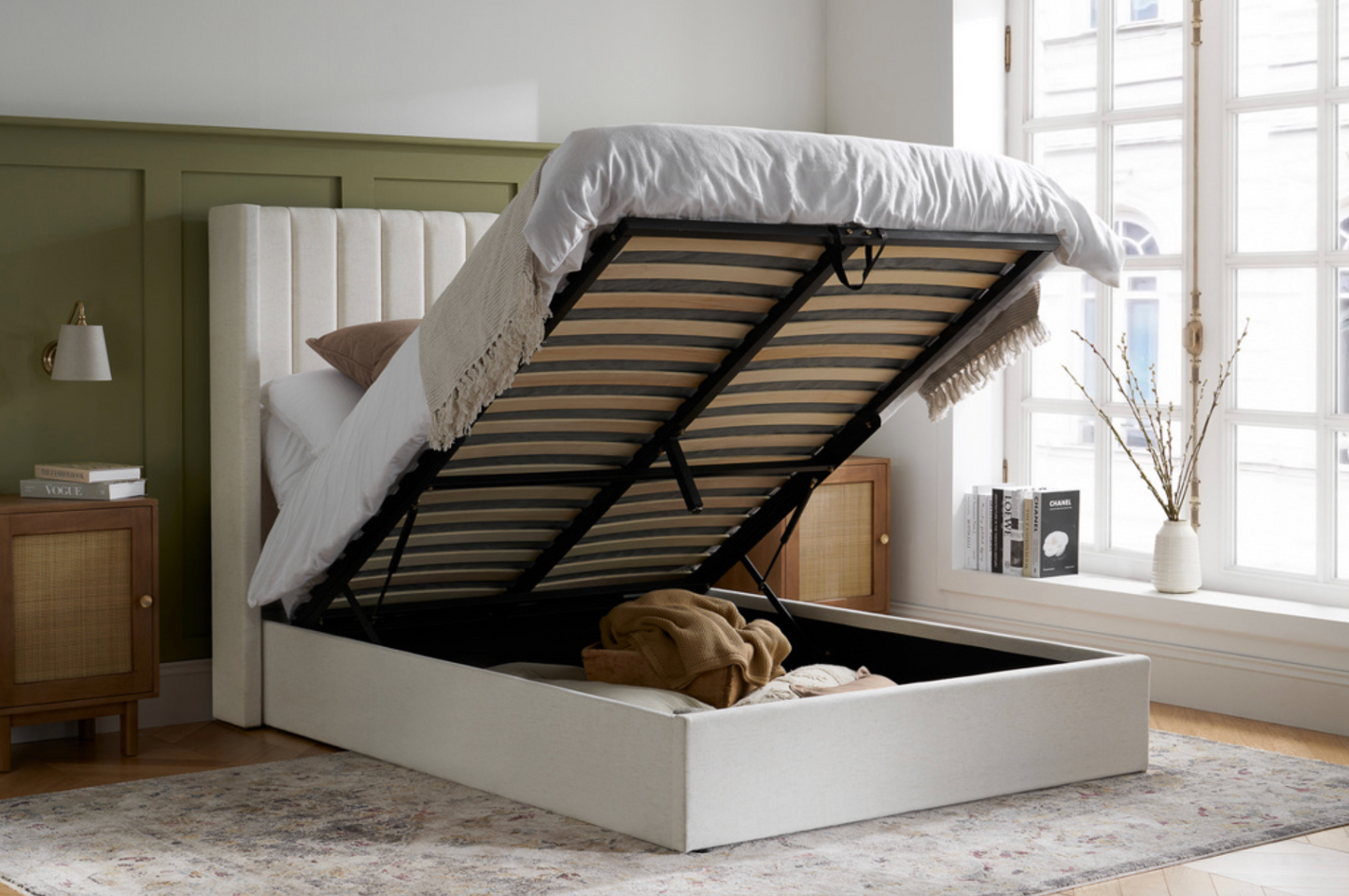 2026 Maisey Ottoman Bed – White Premium Linen