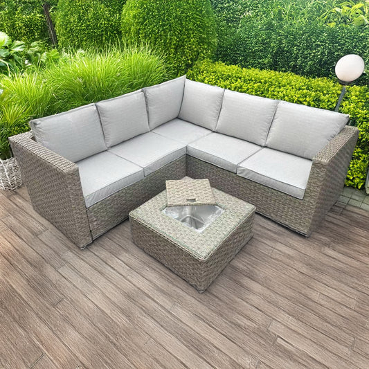 L-Shaped Brown Rattan Garden Sofa Set with Ice Bucket Table CDB02