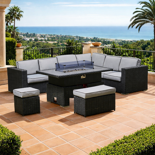 Madrid 9-Seater L-Shaped Luxury  Black Rattan Patio Set with Fire Pit Table CDB06