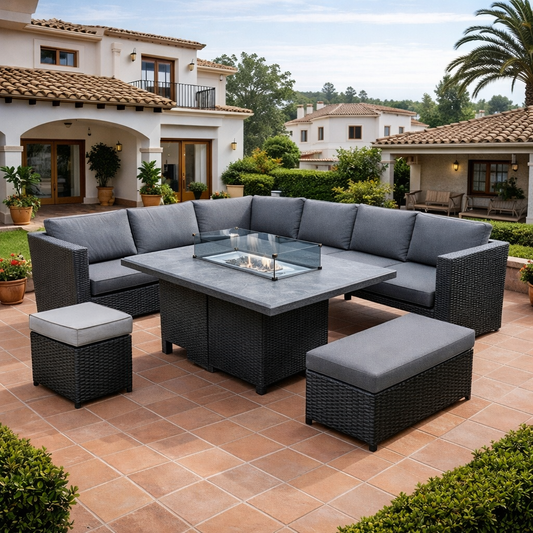 Madrid 9-Seater L-Shaped Luxury  Black Rattan Patio Set with Fire Pit Table CDB06
