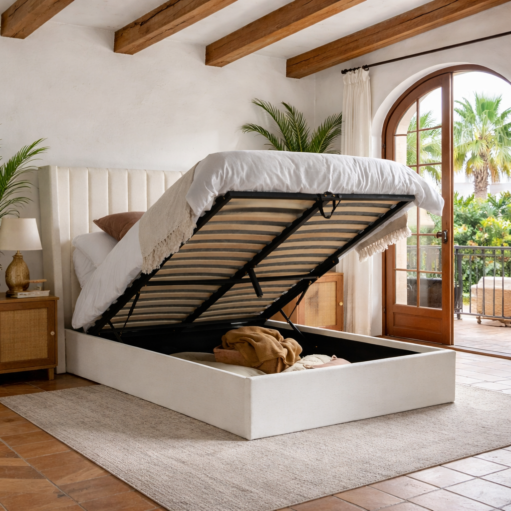 2026 Maisey Ottoman Bed – White Premium Linen