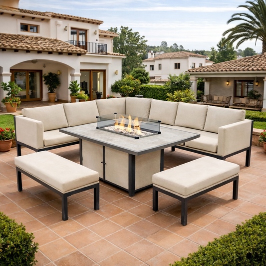 Malaga 9-Seater L-Shaped Metal Patio Set with Rectangular Fire Pit Table